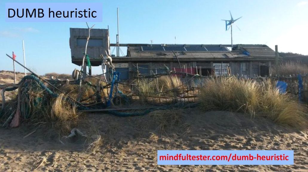 Cot on a beach. Showing texts “DUMB heuristic” and “mindfultester.com/dumb-heuristic”!