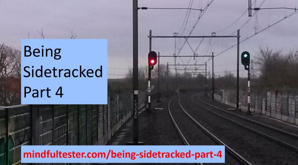 Railway with a red and green light in the early grey morning light. Showing texts “Being Sidetracked – Part 4” and “mindfultester.com/being-sidetracked-part-4”!