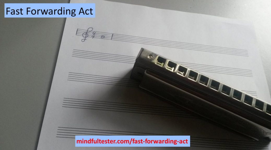 A harmonica lying on a music sheet with a single note. Also containing texts “Fast Forwarding Act” and “mindfultester.com/fast-forwarding-act”!